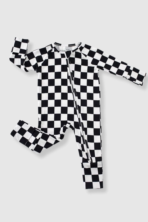 Convertible Two-Way Zip Romper - Black Checkered