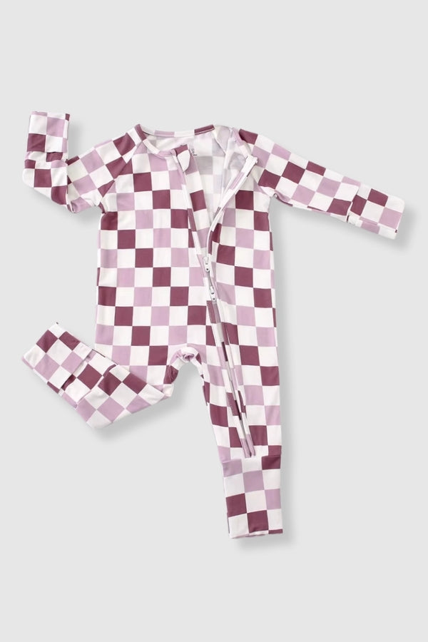 Convertible Two-Way Zip Romper - Pink/Mauve Checkered