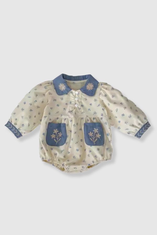 100% Cotton Dainty Floral Onesie with Denim Collar - Cream