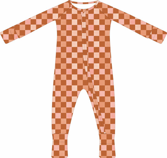 (PREORDER) Convertible Two-Way Ruffled Zipper One Piece | Coral Checker