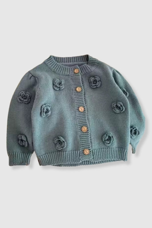 100% Cotton Knit Sweater Cardigan with Floral Detail - Blue