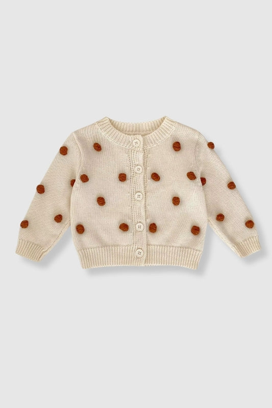 100% Cotton Knit Polka Dot Sweater Cardigan - Cream