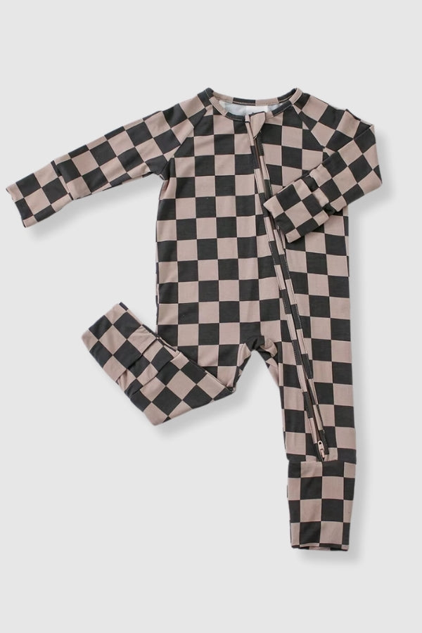 Convertible Two-Way Zip Romper - Brown/Grey Checkered