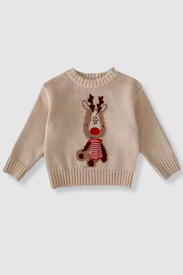 (PREORDER OCT) 100% Cotton Knit Christmas Sweater with Reindeer & Tie Detail