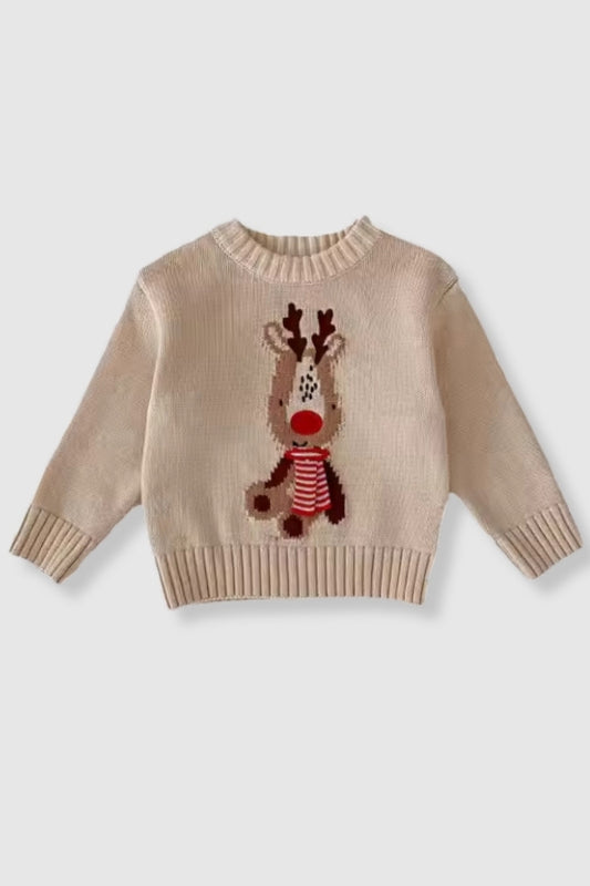 (PREORDER OCT) 100% Cotton Knit Christmas Sweater with Reindeer & Tie Detail